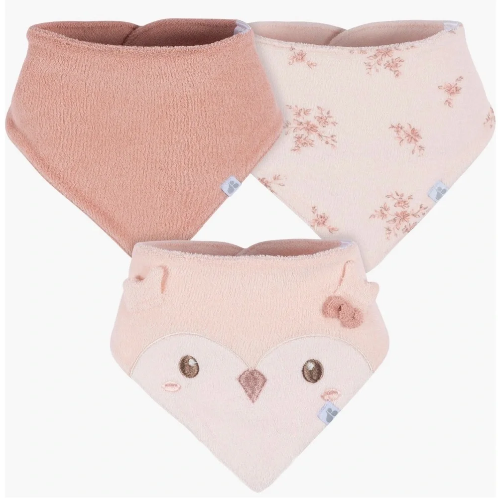 3 PACK BANDANA BIBS in Floral, Solid & Woodland Creature Adjustable Snap 0-12 M